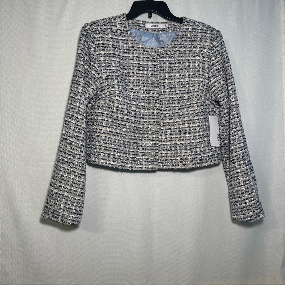 JustFab Blue and White Tweed Blazer & Skirt Set